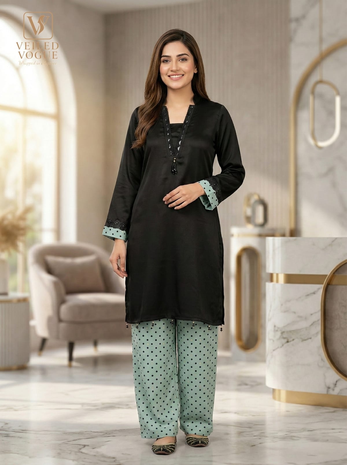 Black & pastel Premium Royal Crepe Silk Pakistani Cut Lace Work Co-Ord - Image 1