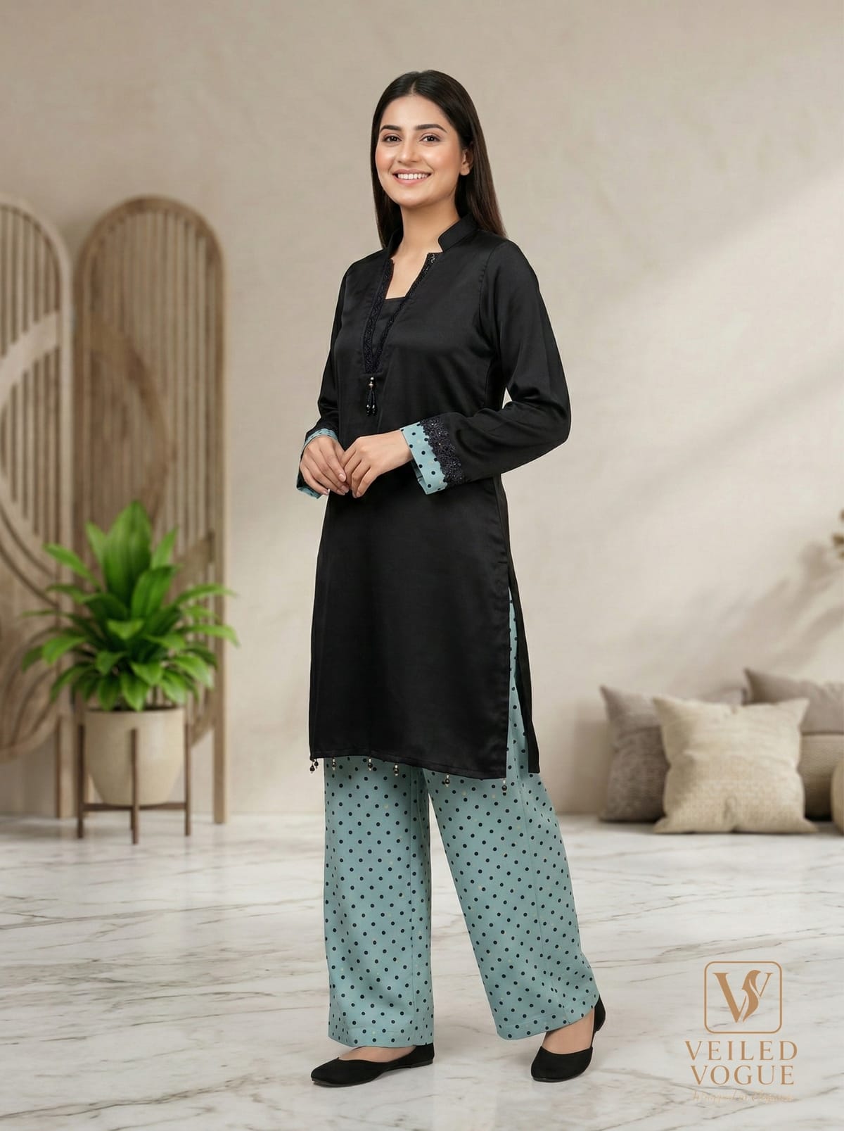 Black & pastel Premium Royal Crepe Silk Pakistani Cut Lace Work Co-Ord - Image 2