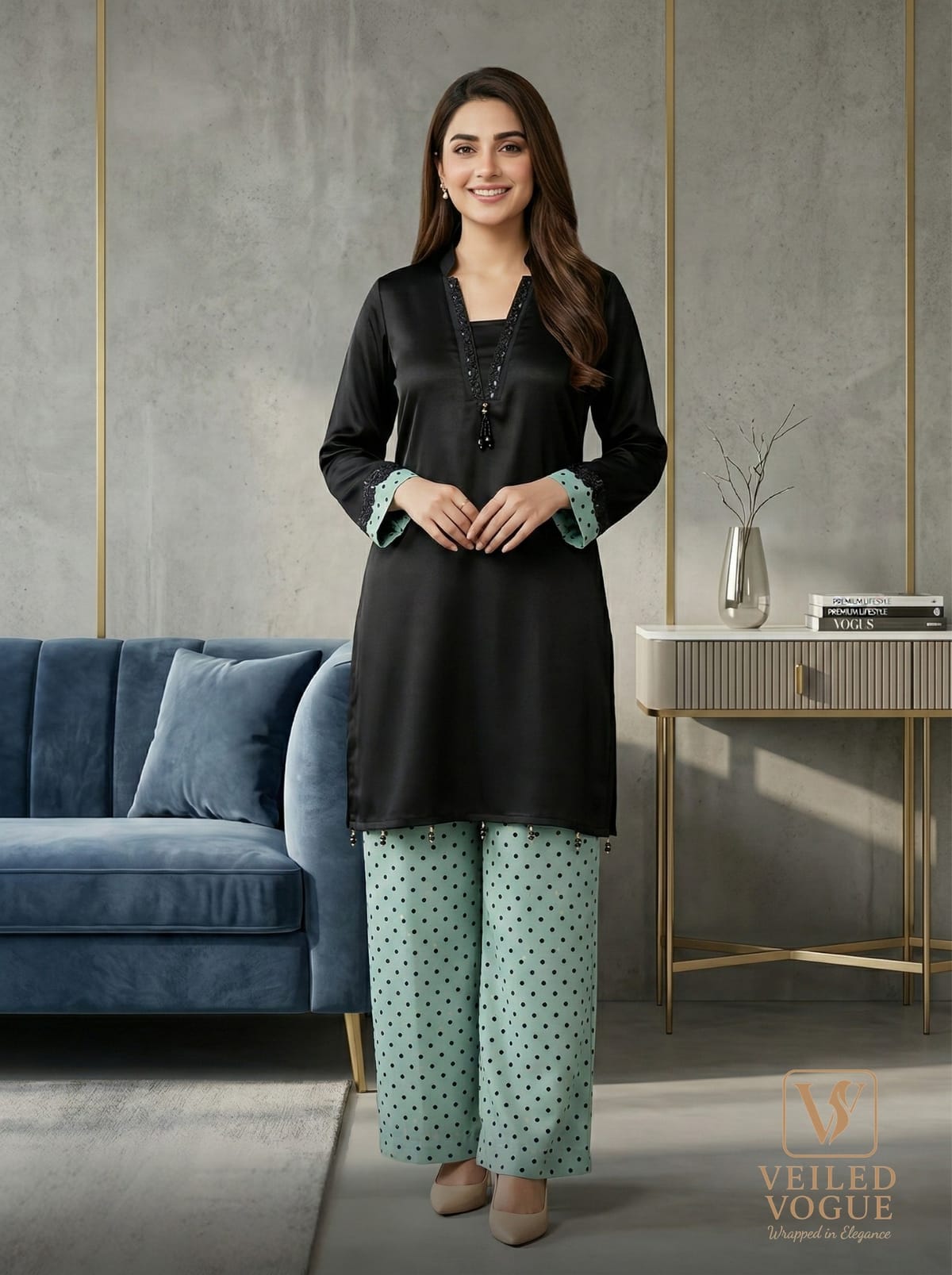Black & pastel Premium Royal Crepe Silk Pakistani Cut Lace Work Co-Ord - Image 3