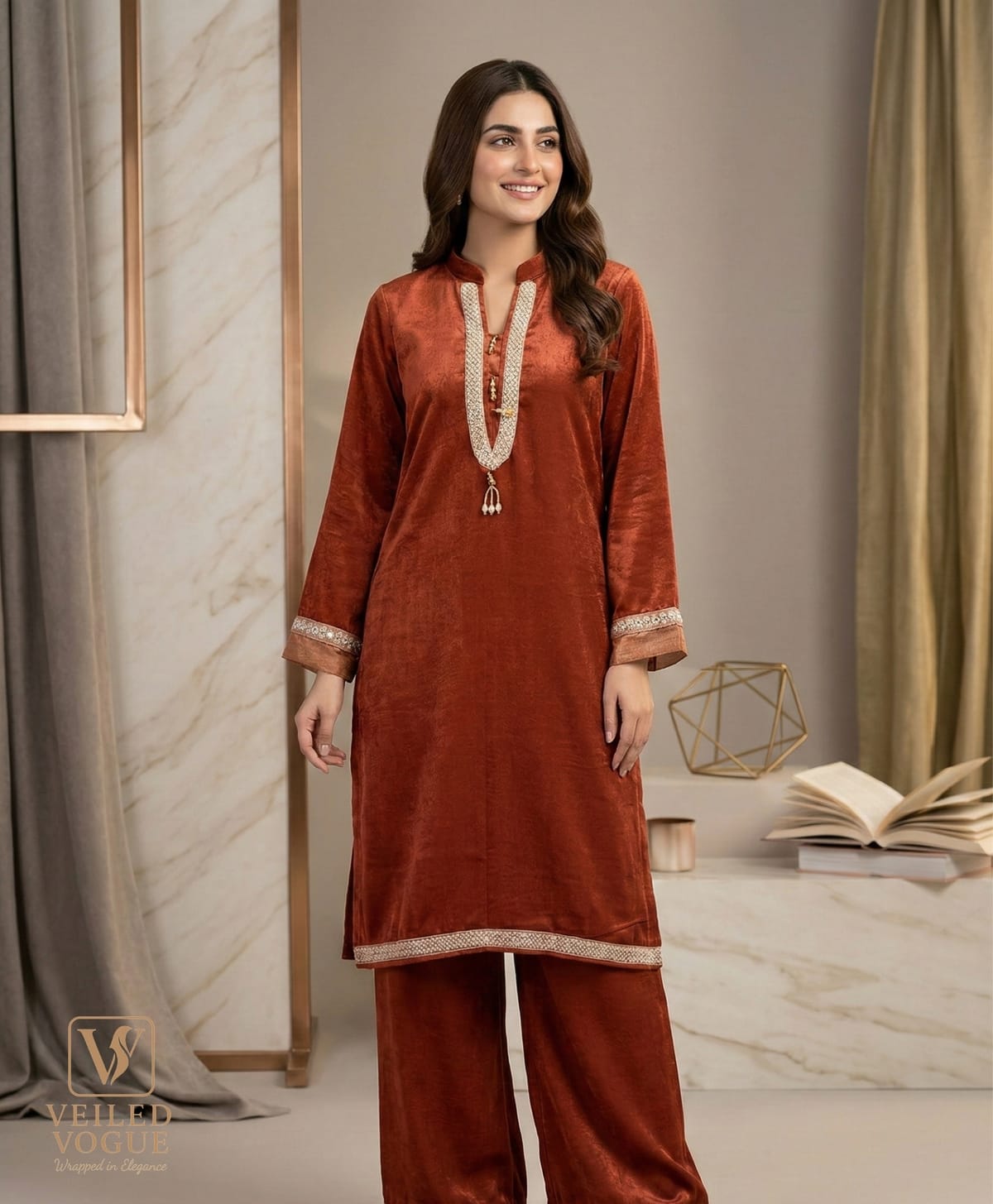 Brick Colour Velvet Silk Pakistani Cut Karchupi Lace Work 3 pcs - Image 2