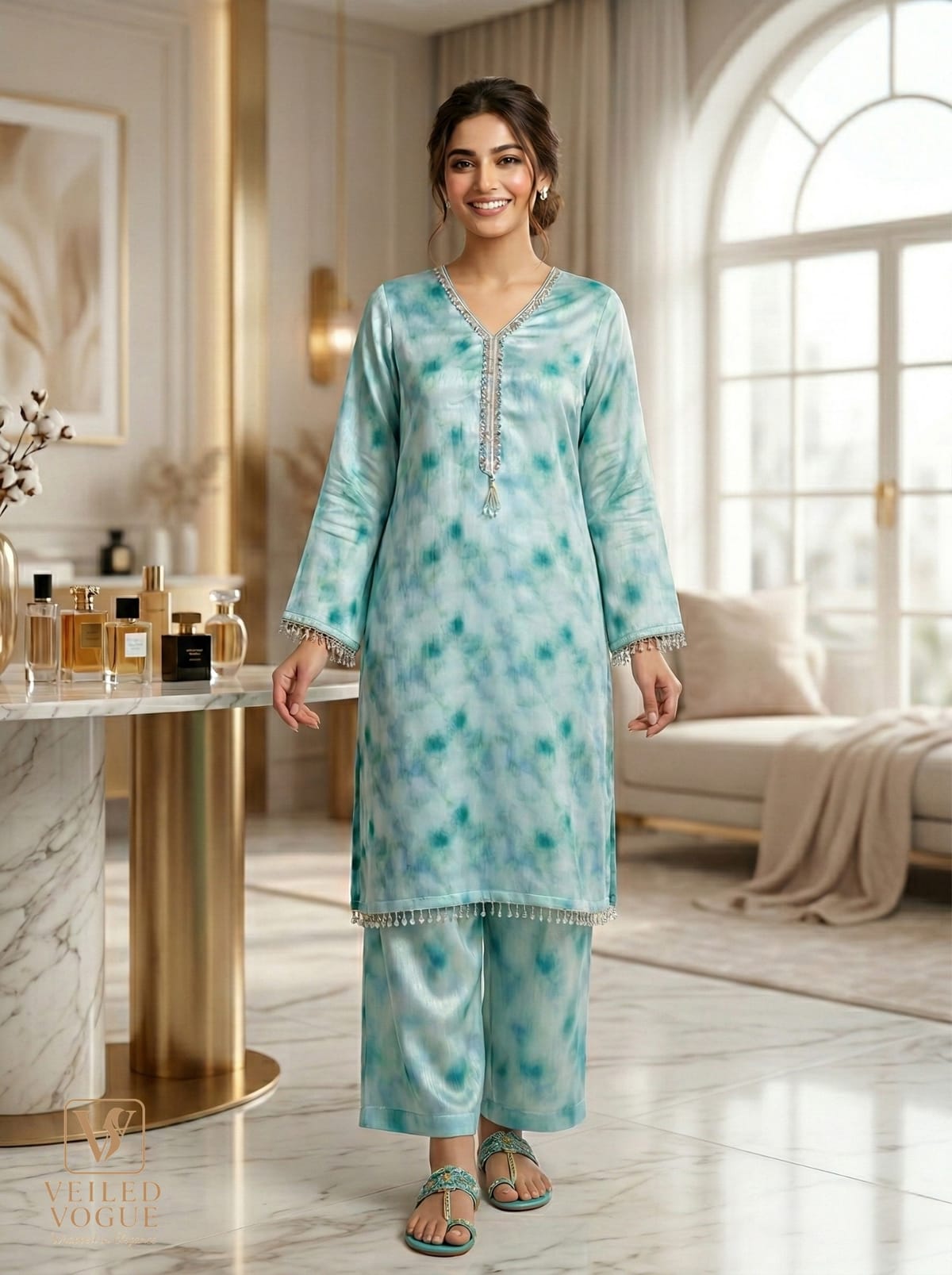 Lemon Shaded Sky blue jacquard Silk Pakistani Cut Lace Work 3 pcs - Image 2