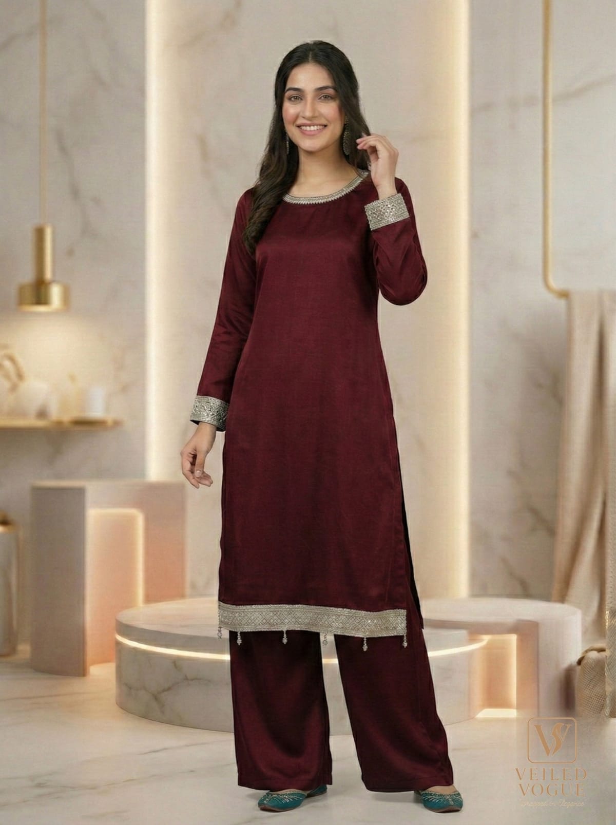 Maroon Premium Royal Crepe Silk Pakistani Cut Lace work 3pc (Copy) - Image 2