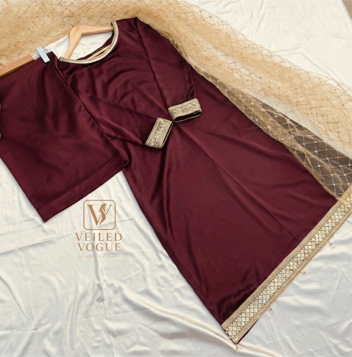 Maroon Premium Royal Crepe Silk Pakistani Cut Lace work 3pc (Copy) - Image 3