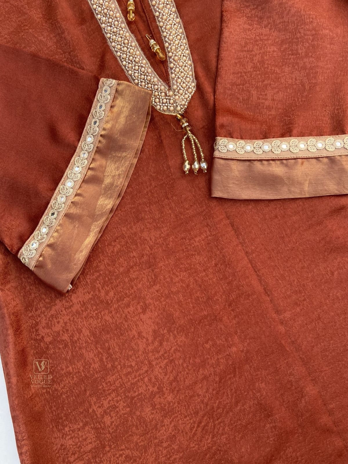 Brick Colour Velvet Silk Pakistani Cut Karchupi Lace Work 3 pcs - Image 4