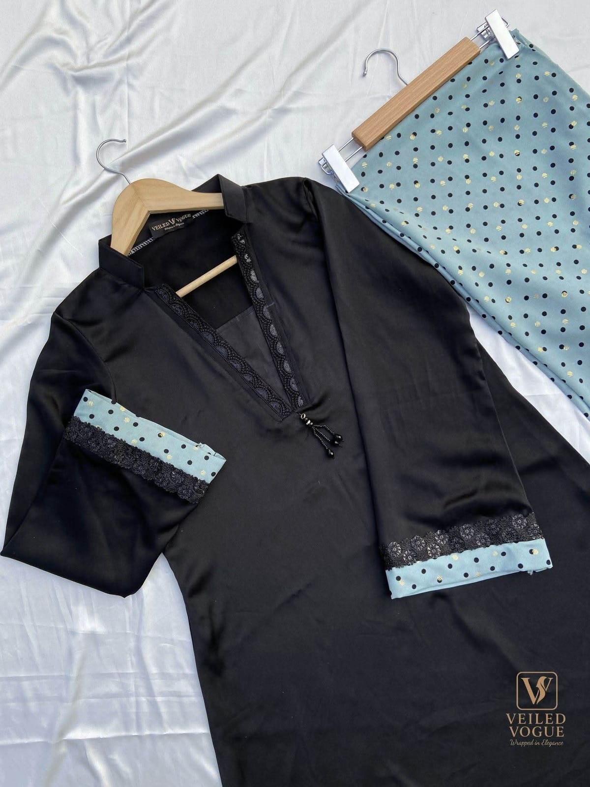 Black & pastel Premium Royal Crepe Silk Pakistani Cut Lace Work Co-Ord - Image 5