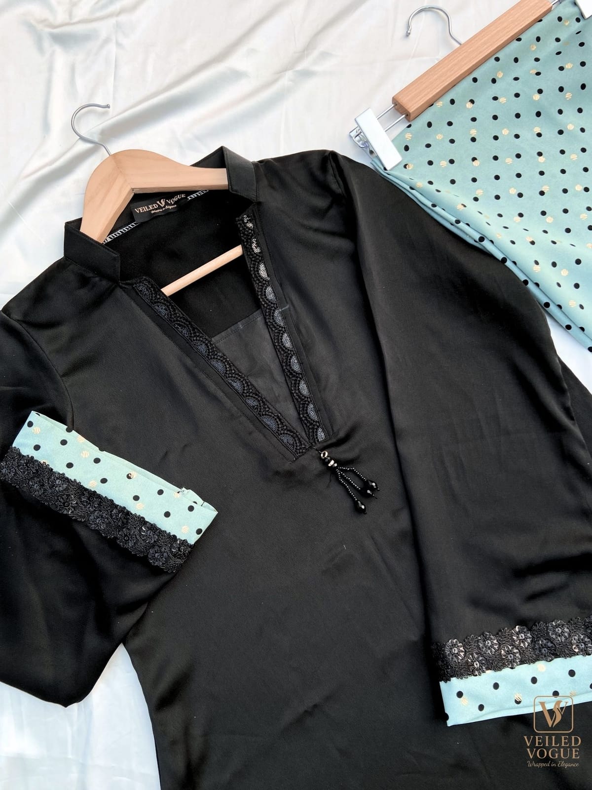 Black & pastel Premium Royal Crepe Silk Pakistani Cut Lace Work Co-Ord - Image 4