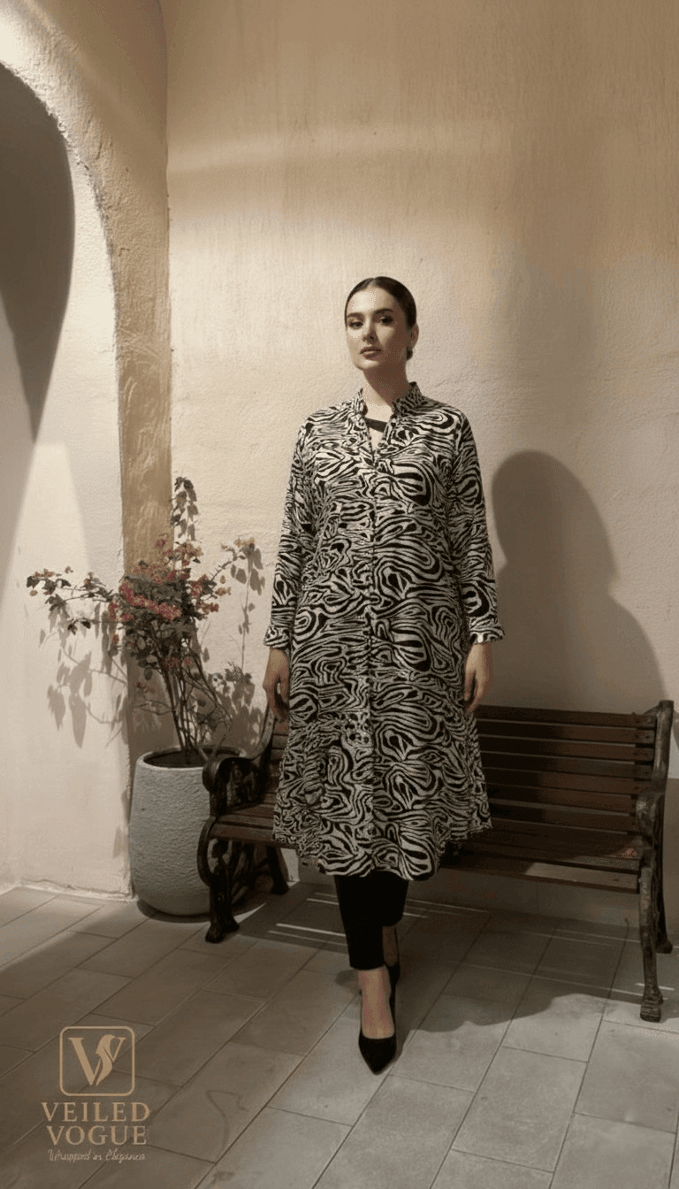Zebra Printed Offwhite and Black kurti - Image 2