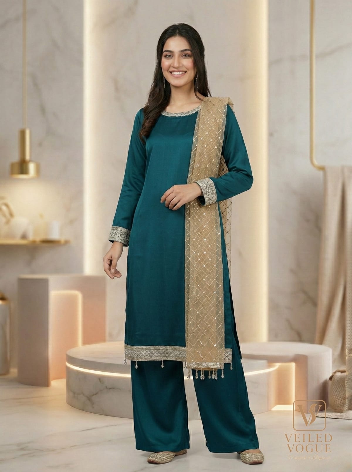 Sea green Premium Royal Crepe Silk Pakistani Cut Lace work 3pc - Image 2