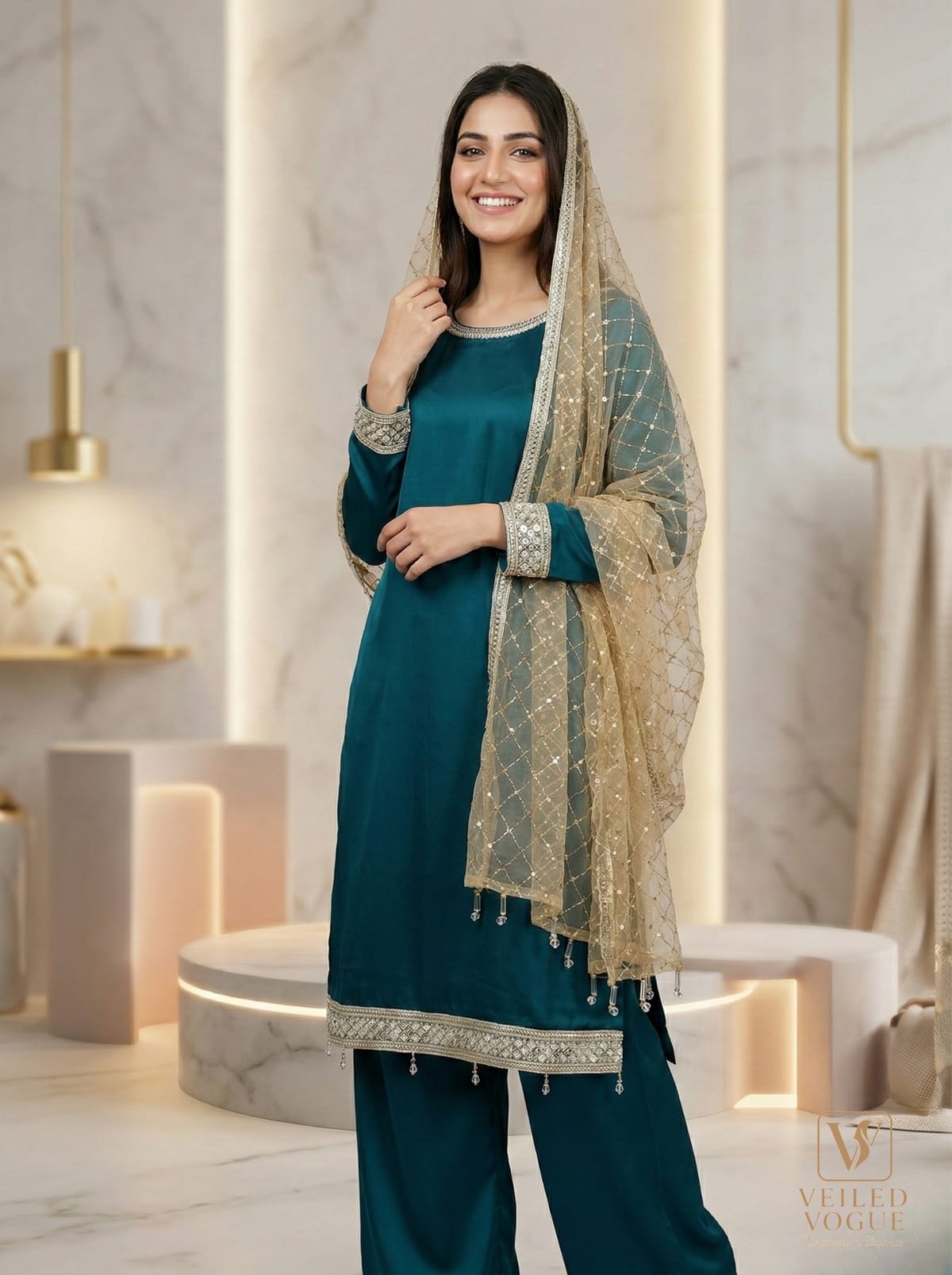 Sea green Premium Royal Crepe Silk Pakistani Cut Lace work 3pc - Image 1