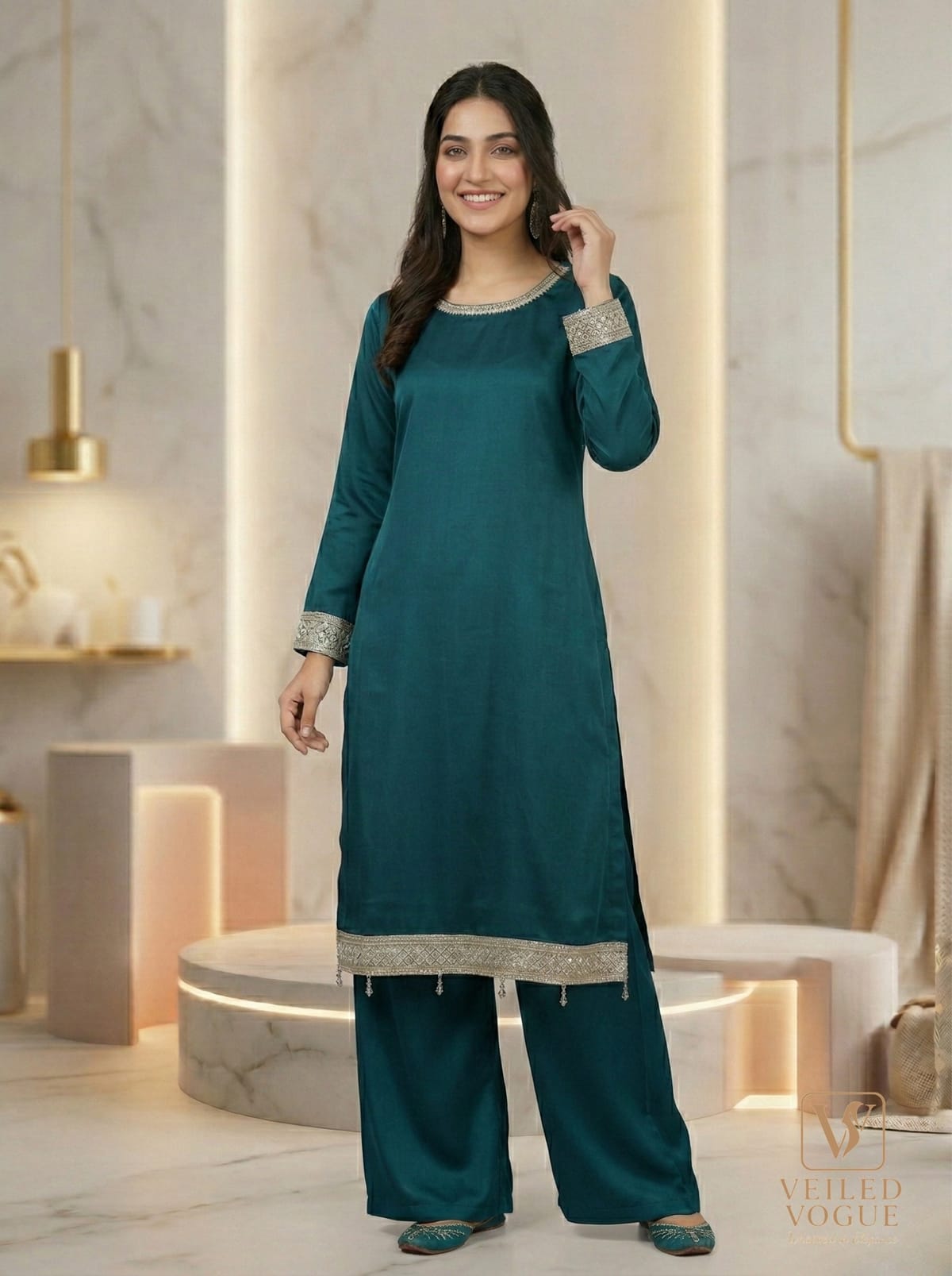 Sea green Premium Royal Crepe Silk Pakistani Cut Lace work 3pc - Image 3