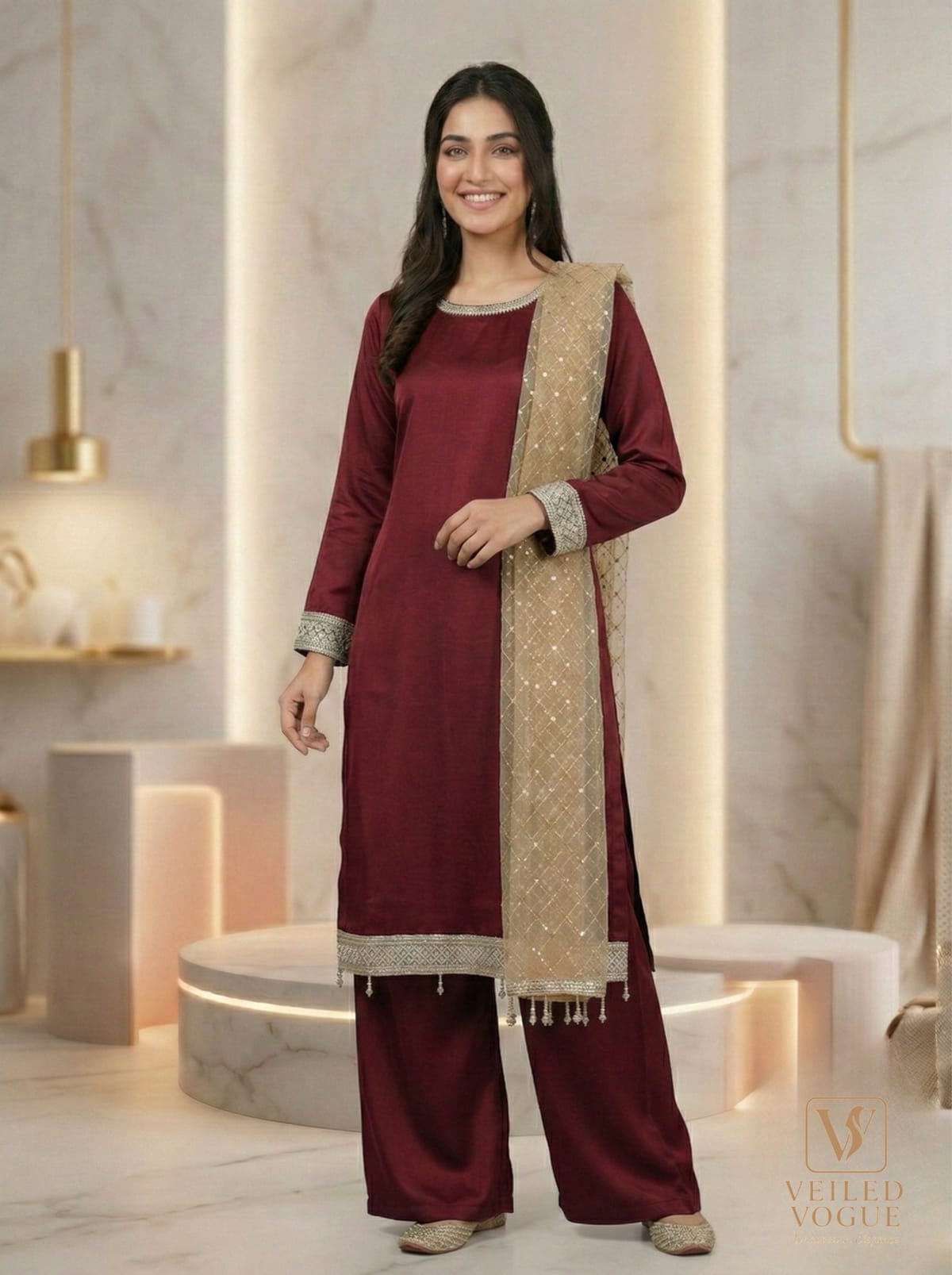 Maroon Premium Royal Crepe Silk Pakistani Cut Lace work 3pc (Copy)