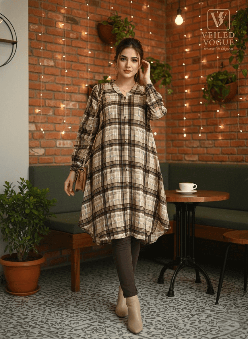 Check Style Long Shirt with Coat Coller - Image 1