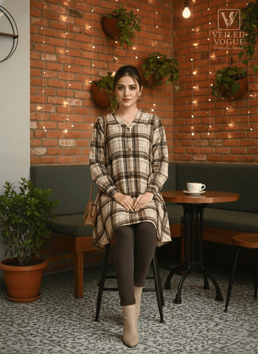 Check Style Long Shirt with Coat Coller - Image 2