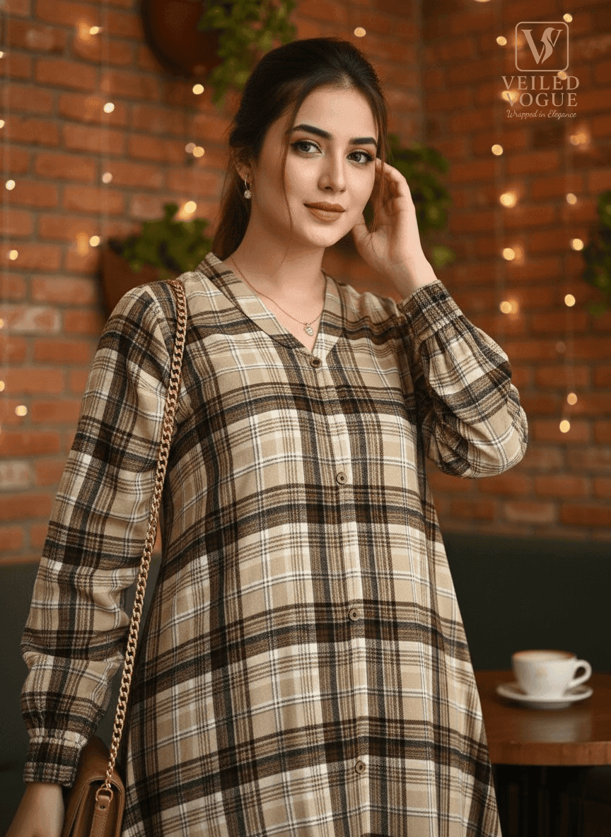 Check Style Long Shirt with Coat Coller - Image 3