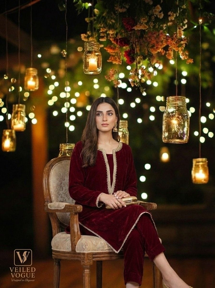 Maroon Velvet Lace work Co-ord Set - Image 2