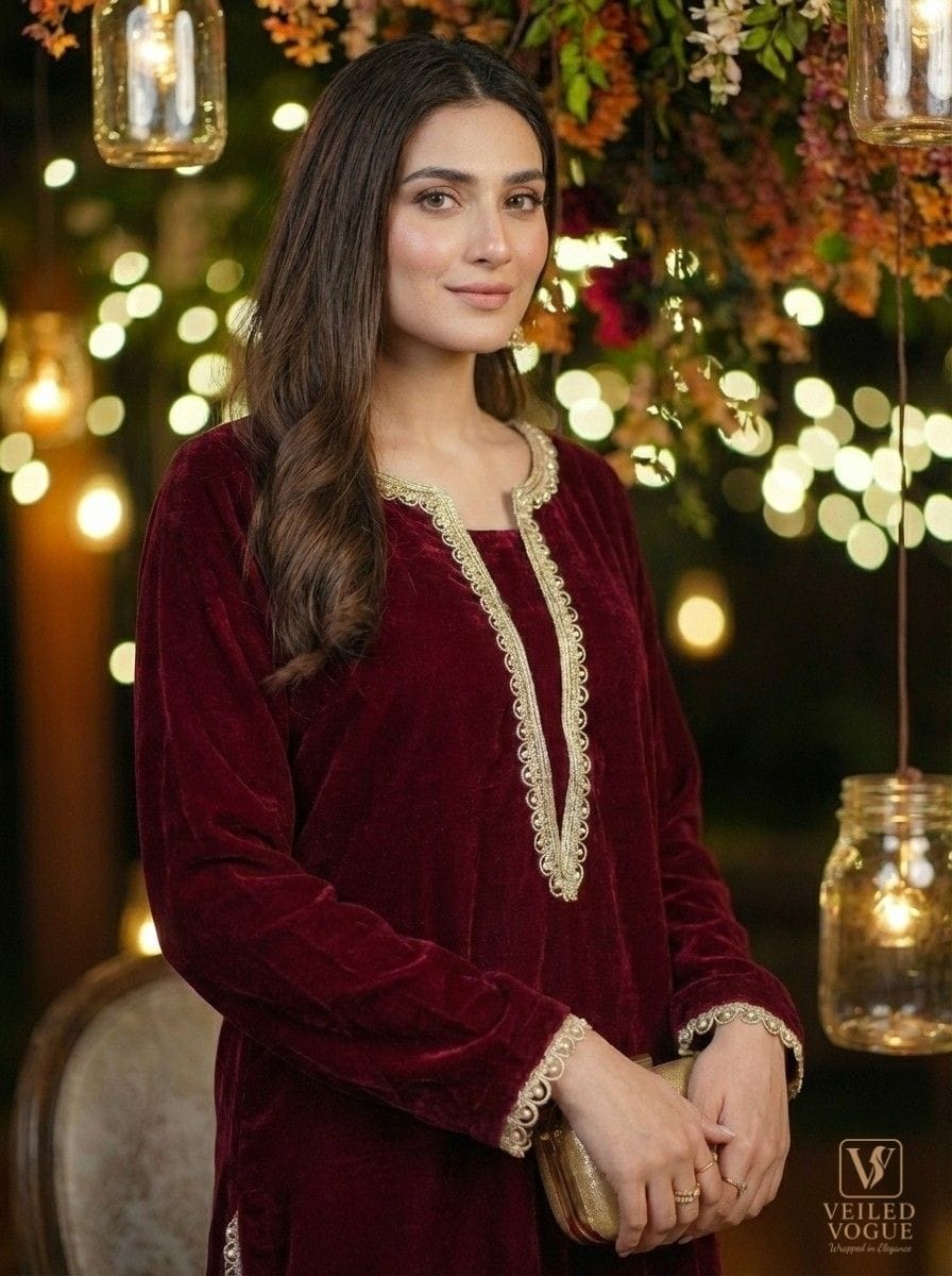 Maroon Velvet Lace work Co-ord Set - Image 3