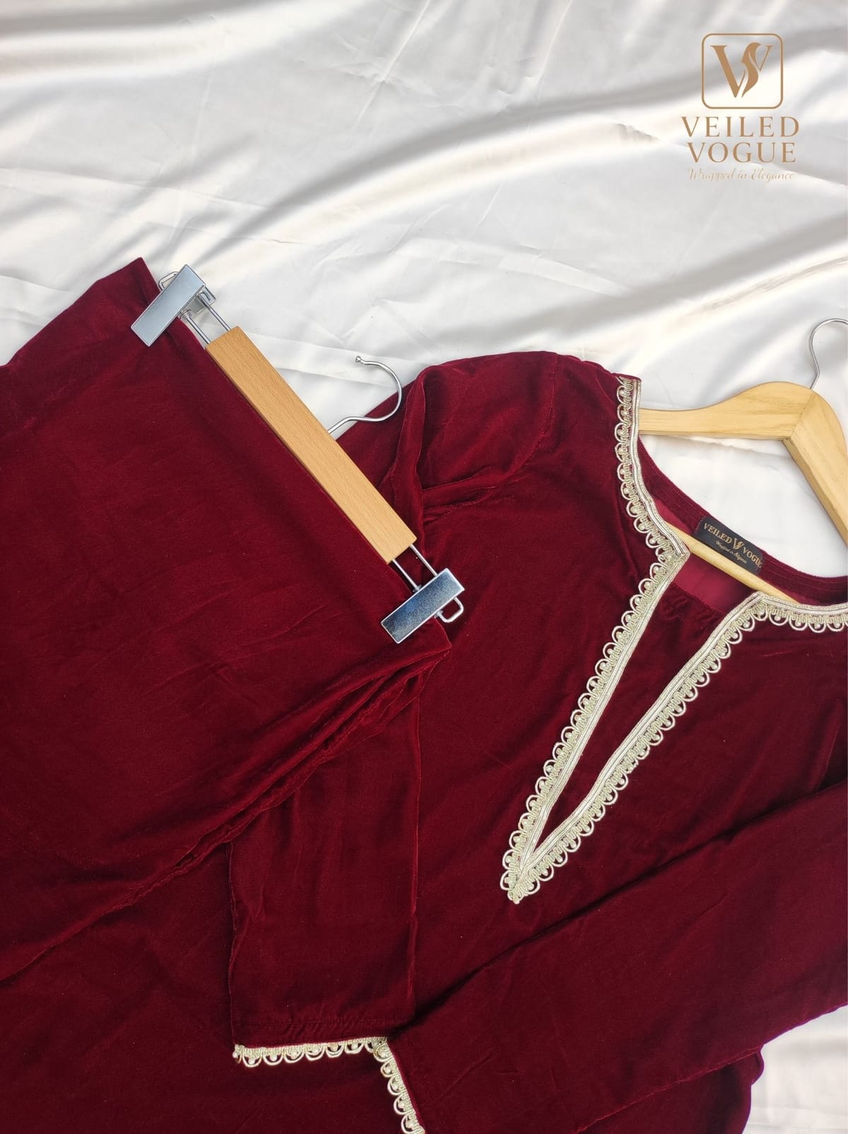 Maroon Velvet Lace work Co-ord Set - Image 4