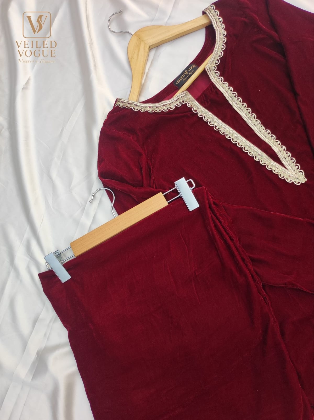 Maroon Velvet Lace work Co-ord Set - Image 5